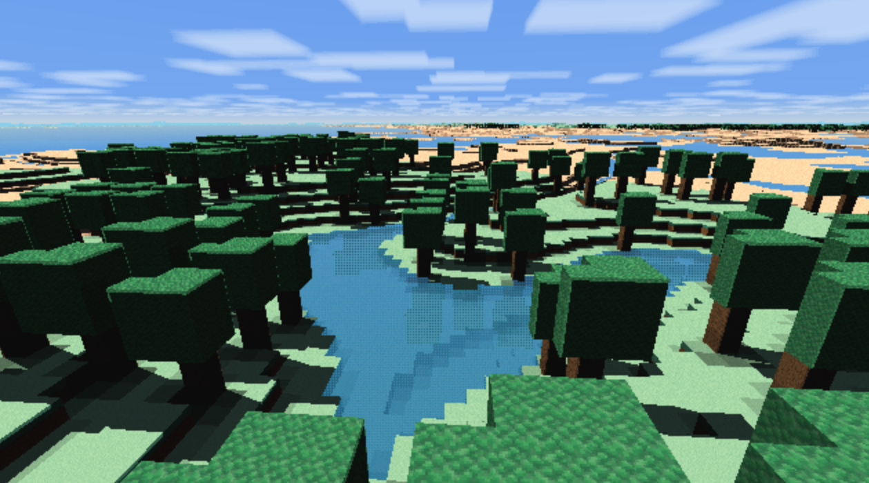 Opencraft4 voxel landscape with grassy hills, forest, water, and distant desert under a blue sky